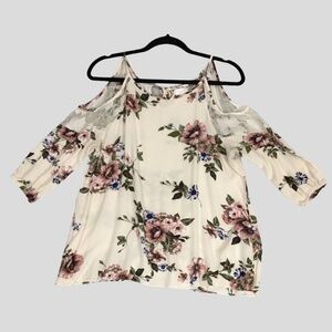 Warehouse One Cold Shoulder Blouse Womens Med Cream Floral Top Tie Neck